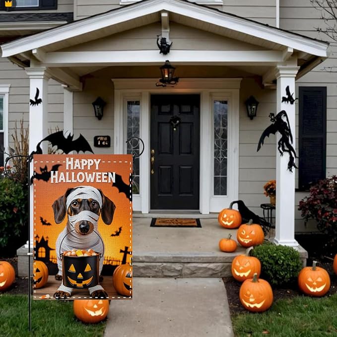 Fokongna Happy Halloween Dog Garden Flag, Halloween Pumpkin Yard Decor Flag, 12x18 Inch Burlap Vertical Double Sided Flags, for Home Yard Outside Decorations