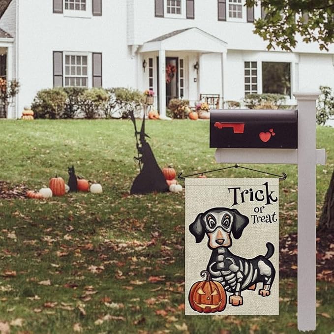 Halloween Trick or Treat Garden Flag Ghost Dog 12x18 Inch Small Double Sided Burlap Welcome Yard Dachshund Skeleton Outside Decorations DF342