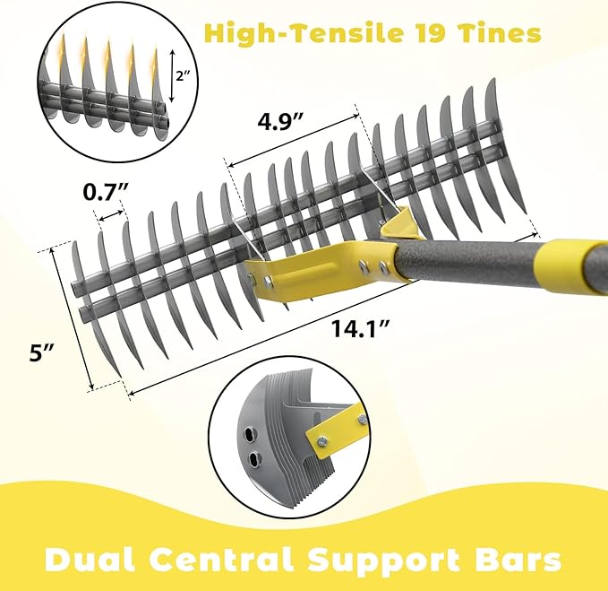 Thatch Rake,69 Inch Garden Thatching Rake for Grass Removal, 15 Inch Wide Heavy Duty 19 Teeth Steel Metal Garden Leaf Rakes,Landscaping Raking Garden Tools for Lawn Care Loosening Leveling Soil Mulch