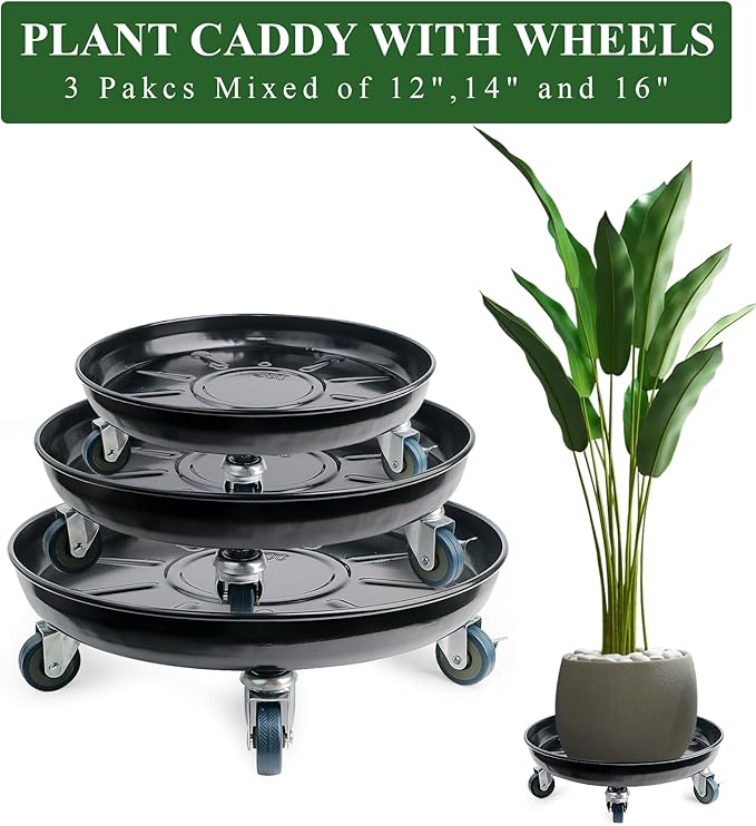 Metal Heavy Duty Plant Caddy Round Flower Pot Mover, 3 Pack Mixed of 14", 16" and 20" Rolling Plant Stand with Wheels, Indoor Outdoor Plant Dolly with Casters Planter Tray, Black