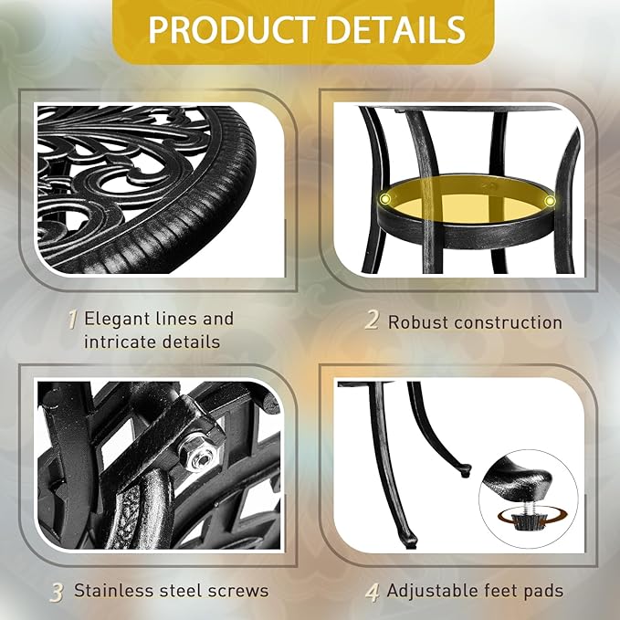 Outvita Patio Side Table, 23.6in Outdoor Round Cast Aluminum Bistro Table with Umbrella Hole and Antique Design for Backyard Porch Pool Balcony Deck Black