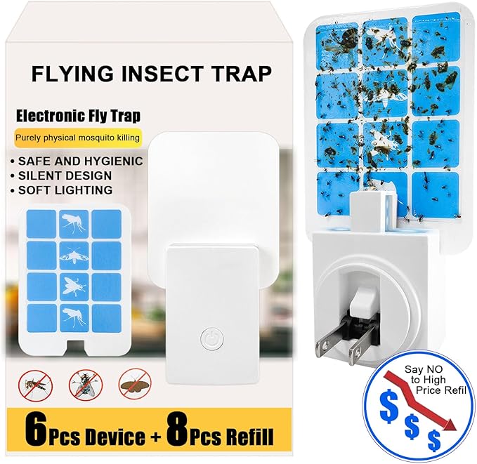 Plug in Indoor Fly Trap for Gnat Moth Houseflies Fruit Flies, Blue Light Bug Light Trap Compatible with Safer Home Indoor Fly Trap Refill, Mosquito Flying Insect Trap, 6 Device+8 Refill