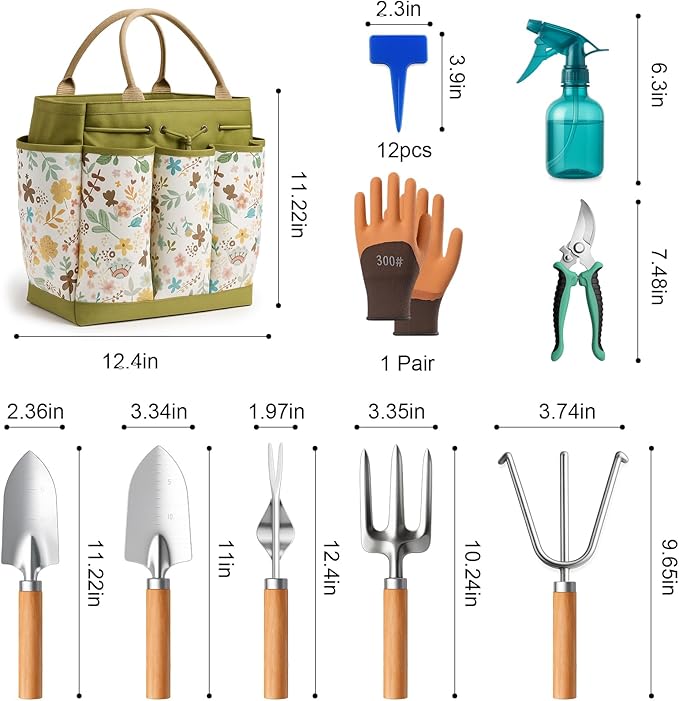 Gardening Tools 10-Piece Heavy Duty Gardening Tool Set with Fashion Durable Tote Organizer Bag, Rust-Proof Non-Slip Hand Tools, Ideal Gardening Gift for Women Gardener Gifts