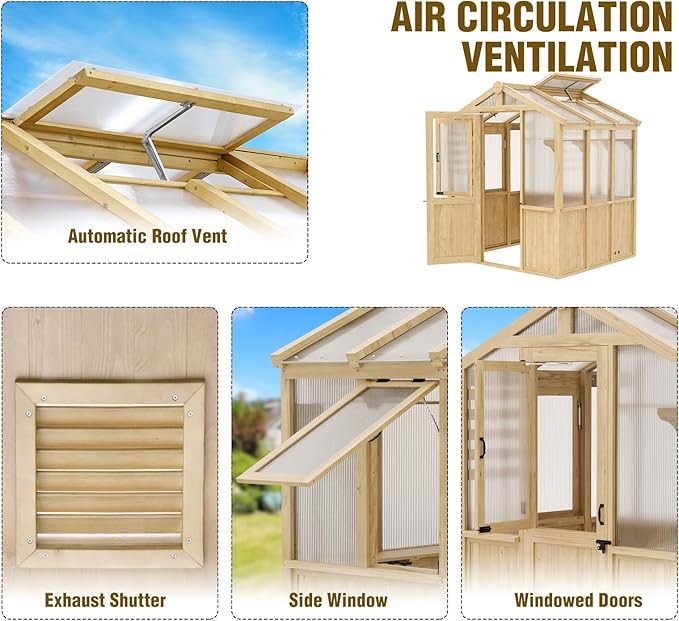 EAGLE PEAK 6.7x6x7.7 ft Wood and Polycarbonate Walk-in Greenhouse, Cedar Hobby Green House with Roof Vent, Natural