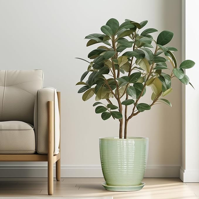 Ceramic Planter - 10 Inch Plant Pot for Indoor Outdoor with Drainage Hole and Plant Tray, Modern Round Home Office Patio Room Decor, House Warming Gifts, Green