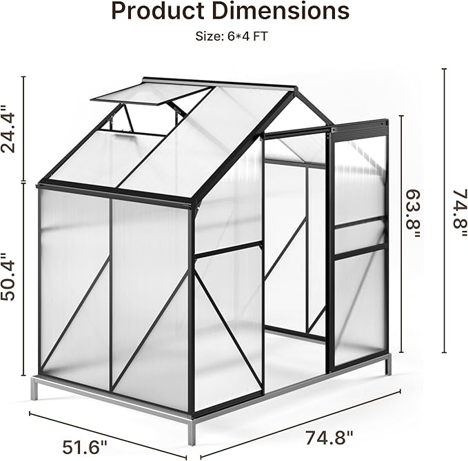 Gizoon 6x4 FT Outdoor Greenhouse, Quick Setup Polycarbonate Greenhouse with Adjustable Roof Vent and Sliding Door, Aluminum Walk-in Greenhouses for Outside Backyard Gardening (Black, 6X4FT)