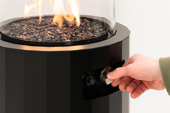 Planika BINO Outdoor Gas Fireplace - Black Fire Column with Glass Shield for Patio or Gardens (Outdoor Cover Incl)