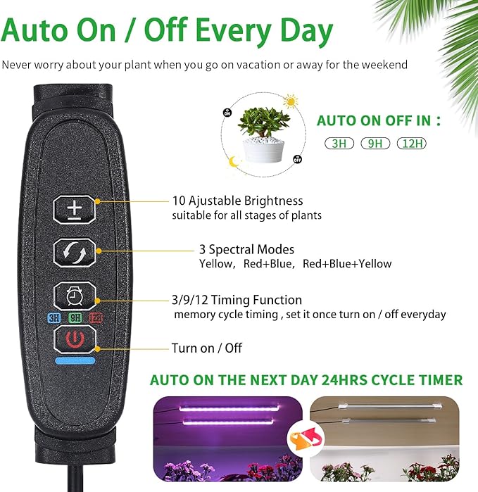 Two Strip Growing Lamp for Indoor Plants, Red & Blue & Yellow Full Spectrum LED Grow Light Strips with Auto ON/Off 3/9/12H Timer,10 Dimmable Levels for Green House Succulent (2 Head 13 in)