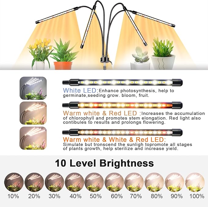 Grow Lights with Stand,4 Goosenecks Floor Plant Light for Indoor Plants,10 Dimmable Levels & Auto On/Off Timer(3/9/12H Timer), 3 Switch Modes,Tripod Stand Plant Lamp Height Adjustable.