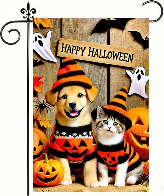 Happy Halloween Garden Flag Double Sided 12x18 Flag Cute Cat And Dog Pumpkin Garden Flag Sweaters And Witch Hats Jack-O'-Lanterns And Ghosts Outdoor Yard Lawn Decoration Banner