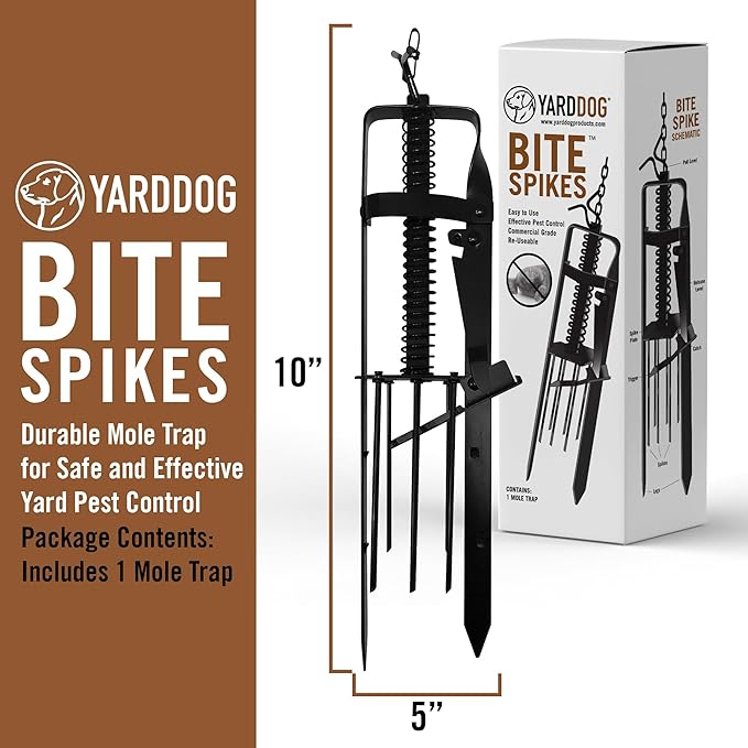 YARDDOG Bite Spikes Plunger Style Mole Trap – Commercial Grade Durable Steel Mole Trap for Lawns, Easy-to-Use Quick Capture Gopher Trap, Effective Plunger Style Mole Killer for Gardens, Black