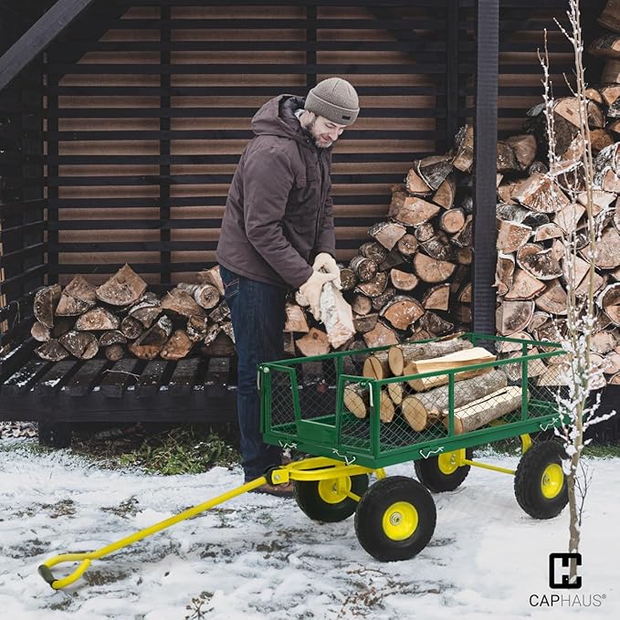 CAPHAUS Metal Green Garden Cart, w/ 180° Adjustable Yellow Handle, w/Mat and Strap, Heavy Duty 880 lbs Capacity, w/ 10” Flat-Free Tires, Sides Removable, Utility Wagon, Yard Cart, for Garden, Farm