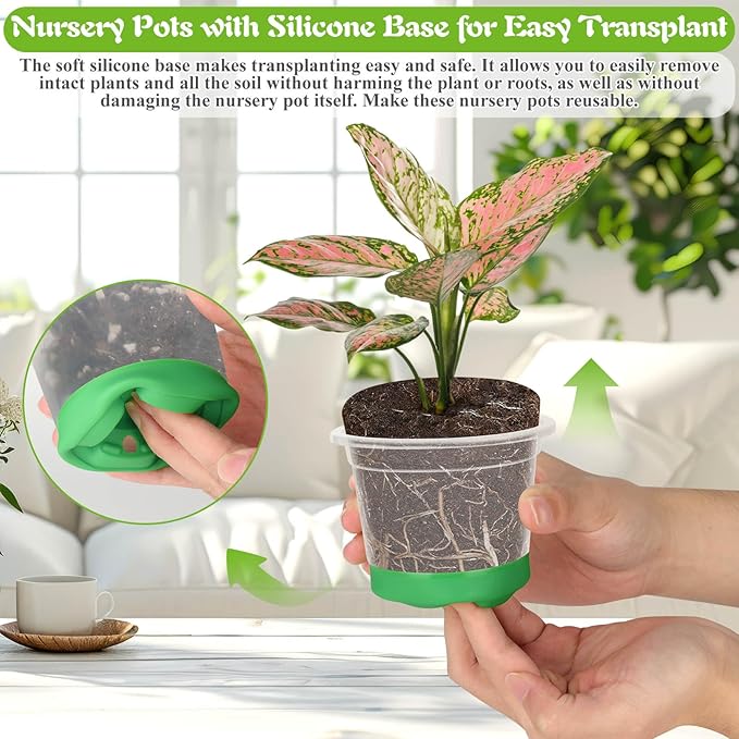 Caffox 55PCS Reusable Seed Starter Kit Includes 30 Packs 3.5" Clear Nursery Pots with Silicone Base, Repotting Mat, Gardening Gloves, Plant Labels and Seedling Tools for Easy Transplant