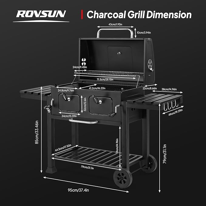 ROVSUN Charcoal Grill with Two Side Tables, Extra Large Cooking Area, Two Individual Lifting Charcoal Trays, Pull-out Ash Tray, Perfect BBQ Grill for Outdoor Picnic, Black