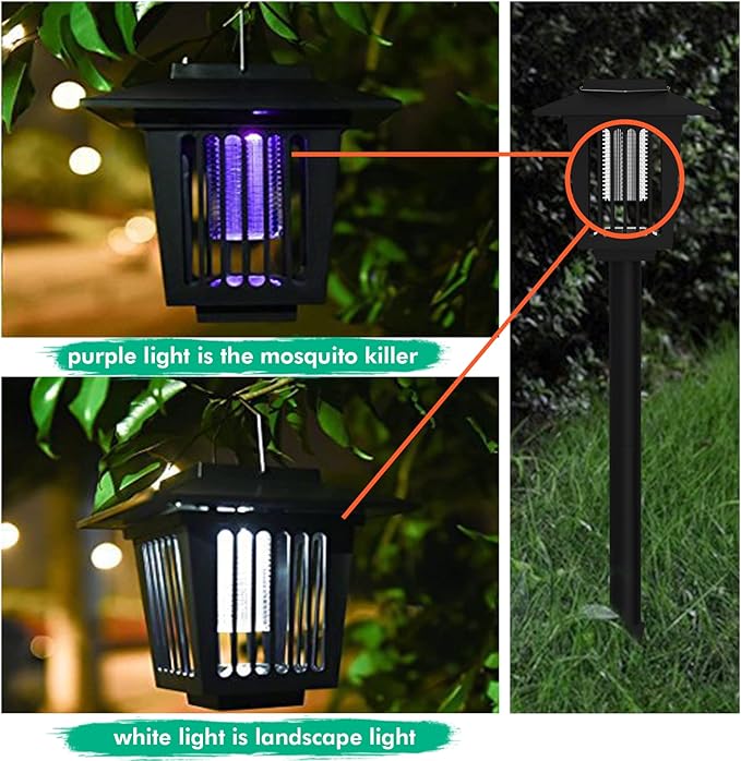 2 Pcs Solar Bug Zapper Outdoor, Waterproof Mosquito Zappers Outdoor Solar Powered Mosquito Killer Light Lamp