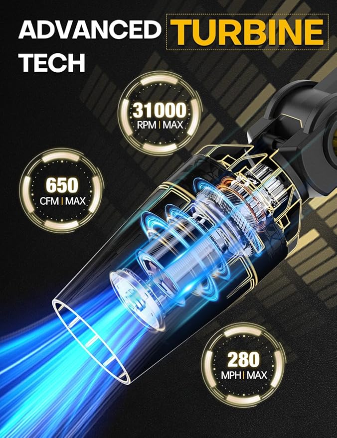 Cordless Leaf Blower for DEWALT 20V Battery, 31000RPM Brushless Motor, 650CFM/280MPH,Lock-On Switch,60° Adjustable Head, Telescopic Pole & 3-Speed Lightweight Blowers for Lawn Care, Snow Removal, Yard