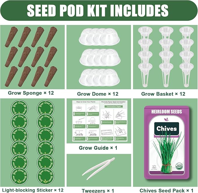 Chives Seed Pods for All Hydroponics Growing Systems, 12 Pods Herb Kit with 200+ Seeds of Chives, Grow Your Own Herb Garden at Home