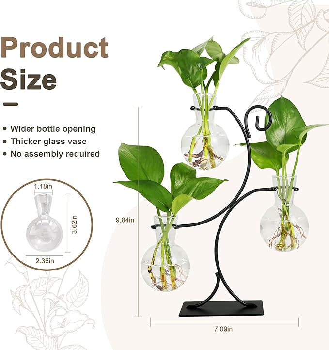 2025 New Desktop Plant Propagation Stations, Plant Terrarium with Metal Stand, 3 Bulb Glass Propagation Vases for Hydroponic Plants, Home Office Decor Planter Gardening Gifts for Women