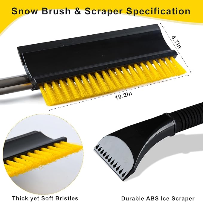 53'' Extendable Retractable Snow Brush & Ice Scraper for Cars/SUVs/Trucks - 360° Rotating Detachable Head, 10" Scratch-Free Squeegee, Ergonomic Foam Handle Winter Cleaning Tool (Yellow&Black)