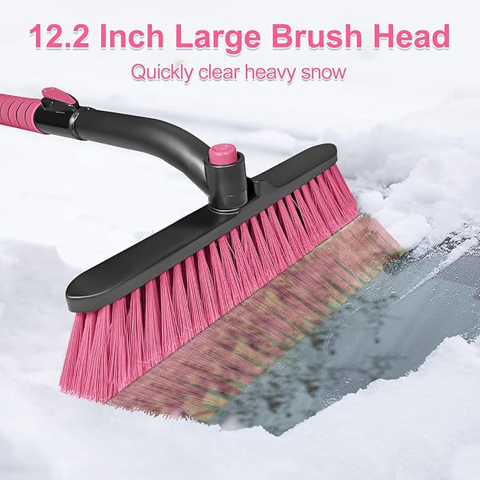SEAAES 35 Inch Ice Scraper and Snow Brush for Car Windshield, Extendable Snow Scraper Brush with Foam Grip for Truck SUV Vehicle Window - Pink
