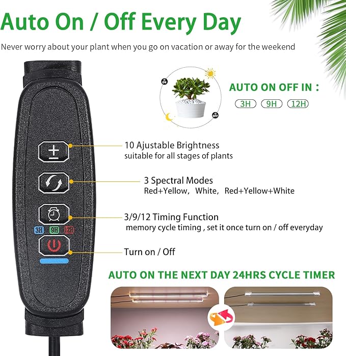 Two Strip Growing Lamp for Indoor Plants, Red & 3000K & 6000K Full Spectrum LED Grow Light Strips with Auto ON/Off 3/9/12H Timer,10 Dimmable Levels for Green House Succulent (13 in)