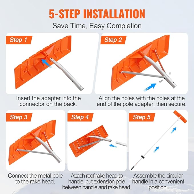 VEVOR Snow Roof Rake, 21ft Reach Aluminium Handle, 25" Plastic Blade Snow Removal Tool, Superior Roof Shovel with Anti-Slip Handle Grip, Easy to Setup & Use for House Roof, Wet Leaves, Car Snow