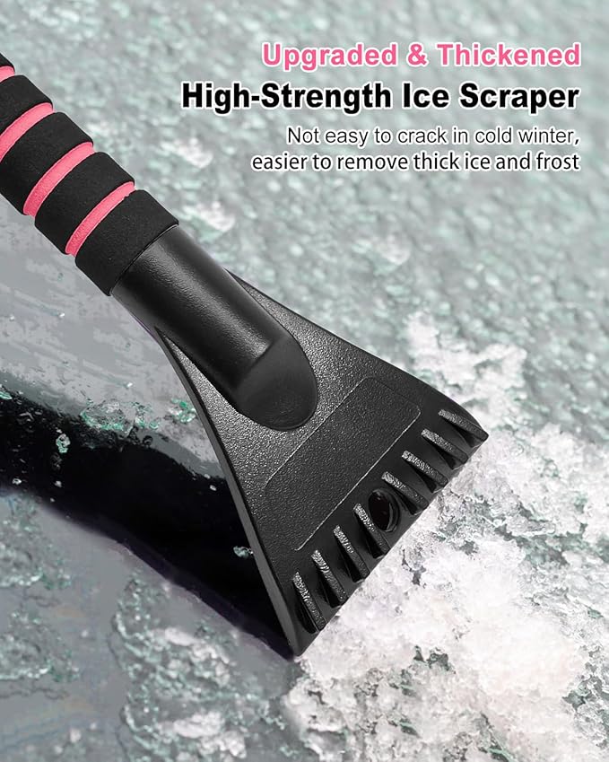 SEAAES Ice Scraper with Snow Brush for Car Windshield, Upgraded Extendable Snow Brush with Foam Grip for Truck SUV Vehicle Windows - Pink