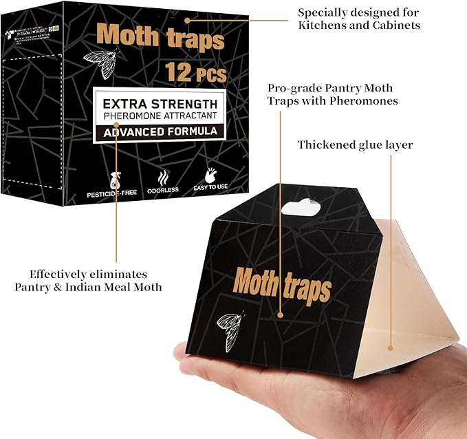 Upgraded Moth Traps, Double Potent Pantry & Clothes Traps with Pheromones Prime, No Toxic & Odorless Meal Moth Trap, Organic Sticky Moths Balls Repellent with Lure for Closet, Kitchens -12Pack