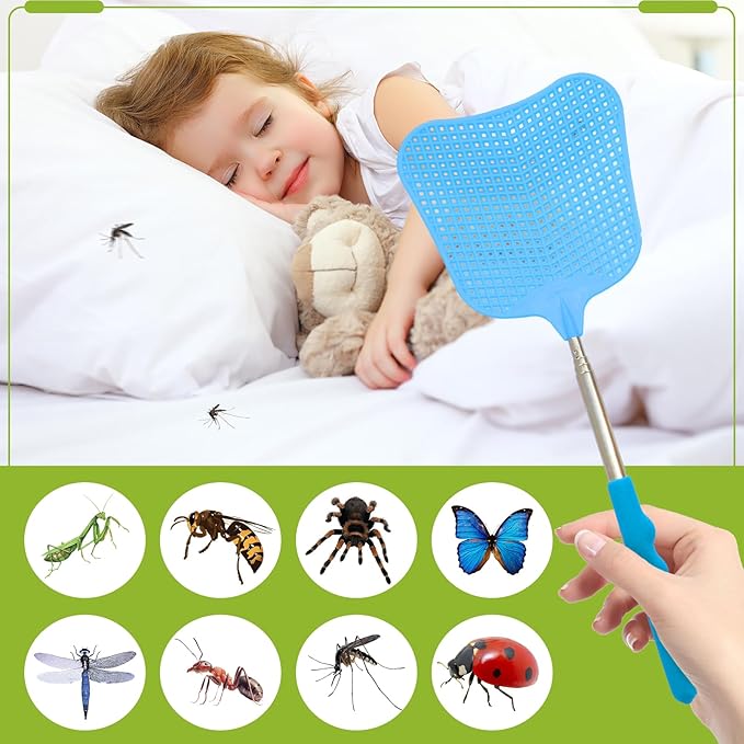 3 Pack Fly Swatters Set - Plastic Fly Swatters Heavy Duty - Fly Swatters with Stainless Steel Handle for Indoor and Outdoor - Blue