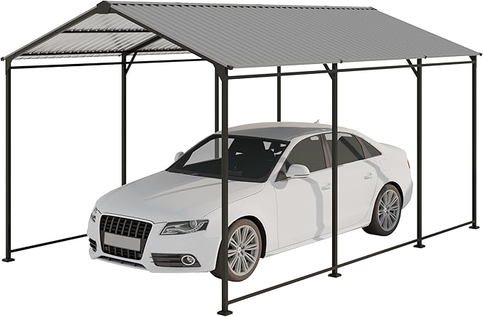 Metal Carport 10 ×15 FT Heavy Duty with Galvanized Steel Roof, Metal Garage Canopy with Galvanized Steel Roof & Frame, Car Tent Outdoor Storage Shed for Car, Boats and Truck, Gray
