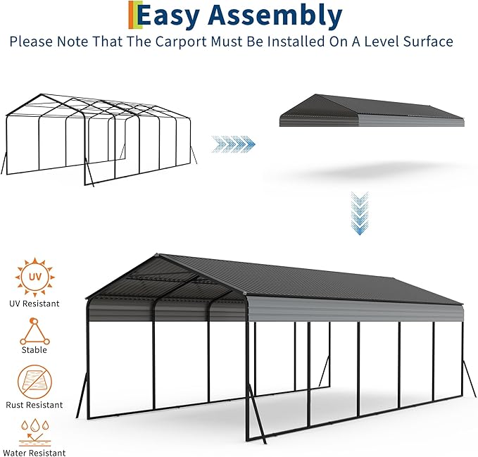 12x25 FT Metal Carport, Heavy Duty Carports Canopy with Galvanized Steel Frame & Roof, Outdoor Garage Car Port for All-Weather, Outdoor Galvanized Shelter for Car, Boats and Truck