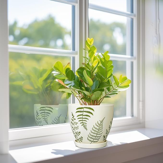 Ceramic Pot for Plants - 6.8 Inch Plant Pot Indoor with Drainage Hole and Saucer, Boho Round Planter for Indoor Outdoor Flowers, Gardening Gifts for Women Men, Garden Home Office Decor, White