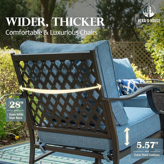 HERA'S HOUSE 5 Pieces Patio Furniture Set, 2 x Rocking Chair, 2 x Ottoman, 1 x 3-Seat Sofa, All Cushioned 7 Seats Metal Outdoor Conversation Set for Lawn Garden Backyard