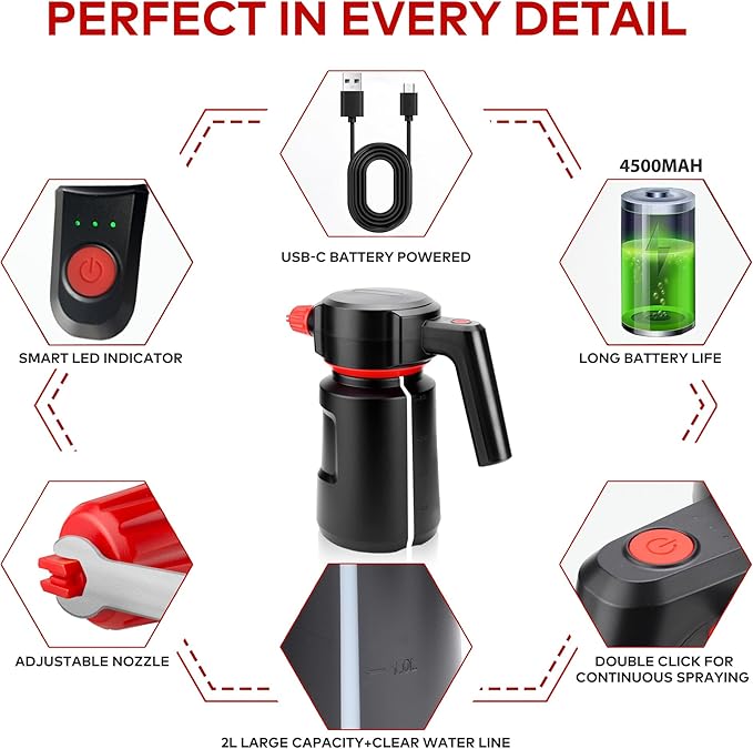 Electric Foam Sprayer 2L Car Wash Sprayer Electric Foam Cannon USB Rechargeable Battery Foamer Spray Cordless Portable Pump Spray Black