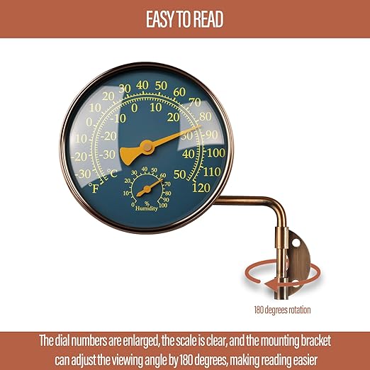 4 Inch Brass Outdoor Thermometer - Analog Temperature Gauge for Patio, Greenhouse and Garage