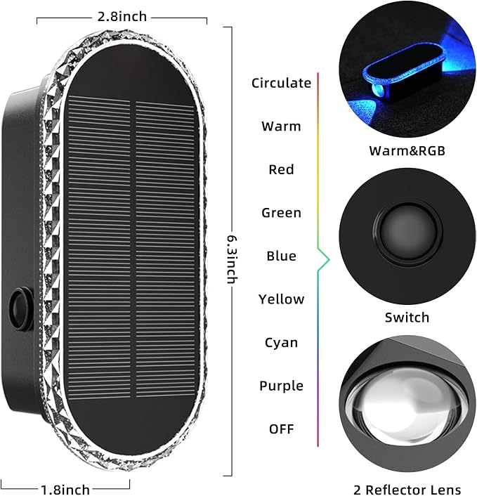 Solar Fence Lights-RGB&Warm White, Waterproof LED Solar Lights Outdoor 8 Colors,2 Lens Up and Down for Outdoor/Fence Pack of 2