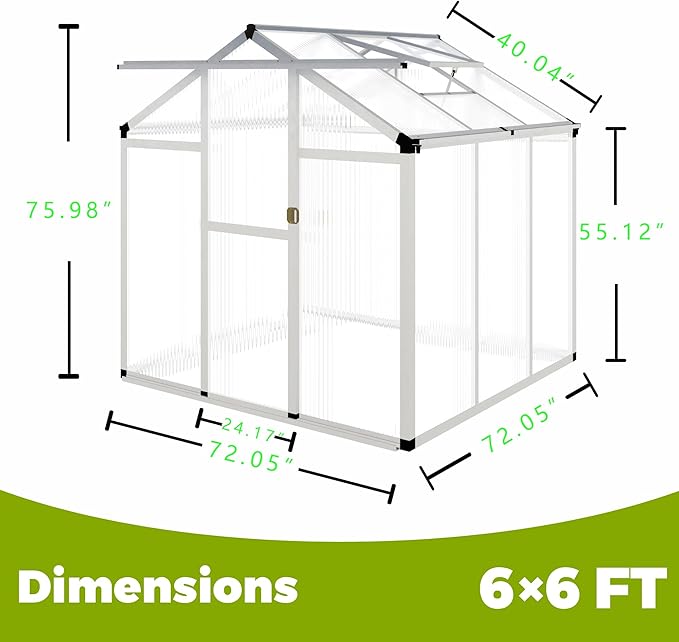6 x 6 FT Aluminum Greenhouse for Outdoors, Polycarbonate Walk-in Greenhouse,Silver