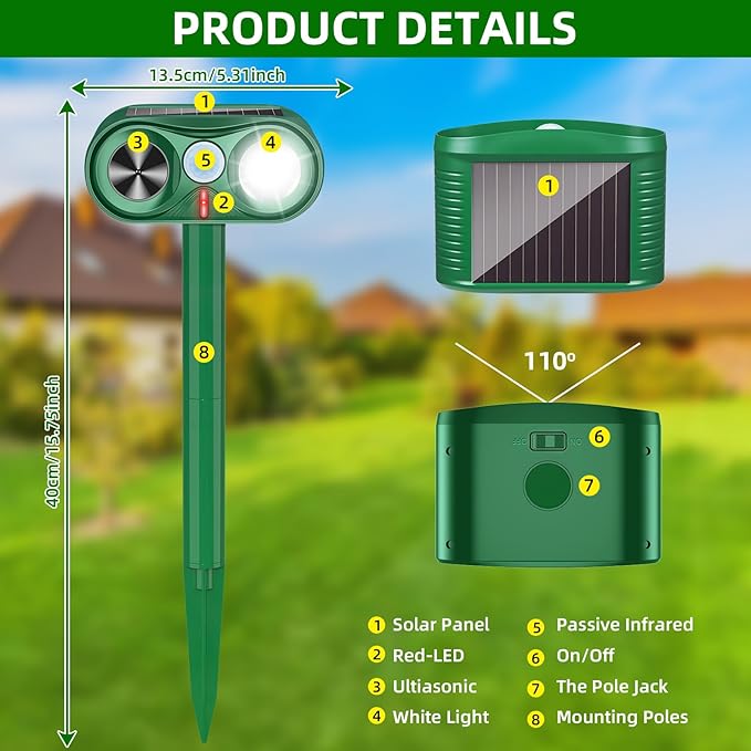 4Pack Solar Ultrasonic Animal Repellent,2025 Waterproof Deer Repellent Device with LED Flashing Lights,Cat Repellent Outdoor with Motion Detection Squirrel Skunk Rabbit Dog Raccoon Repeller for Yard