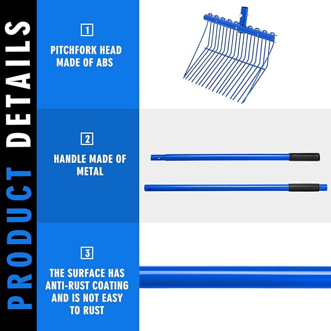 Lasnten 3 Sets Metal Manure Fork with Long Metal Handle Pitch Fork Manure Rake Heavy Duty Muck Rake for Gardening Horse Stall Stable Grass Hay Cleaning Farm Work (Blue)