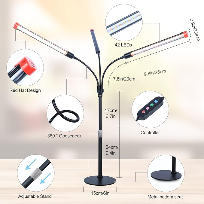 3Head Table Top Grow Lights for Indoor Plants, Seed Starting, Vegetables, Bonsai with Auto On/Off Timer 4/8/12H, 27W Power Full Spectrum Desk LED Plant Growing Lamps, 360° Gooseneck