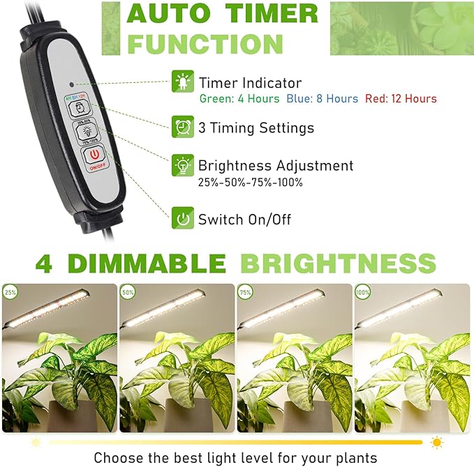 FOXGARDEN Grow Light Full Spectrum, Dual Head Plant Lights for Indoor Growing with Flexible Gooseneck, 104 LEDs Clip Grow Lamp with 4/8/12H Timer, 4 Brightness Levels, Ideal for Indoor Growth