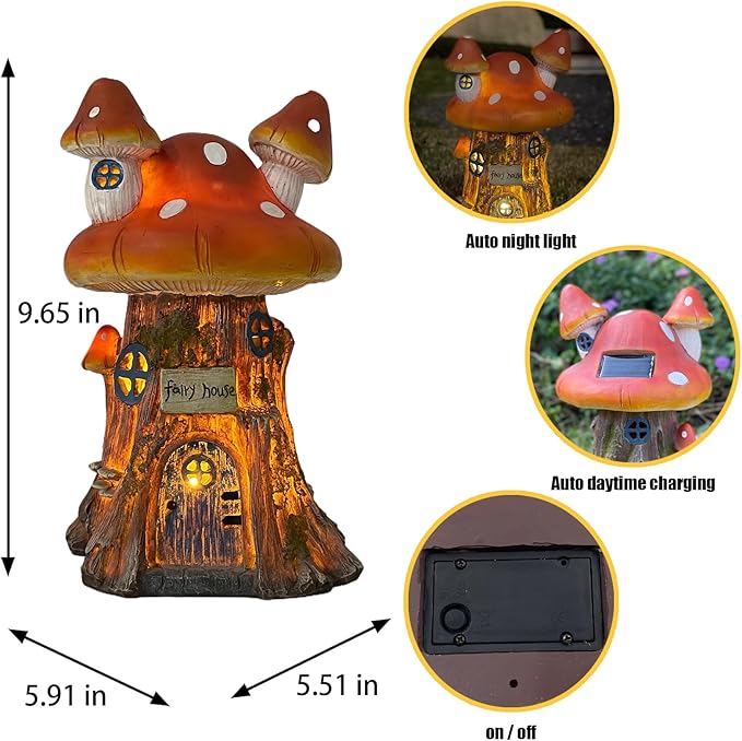 COWOS Mushroom House Sculptures, Collection of Resin Garden Sculptures, Resin Fairy House Statue, Solar Fairy Garden Figurine with Warm White Light Mushroom for Outdoor, Lawn, Yard Decoration