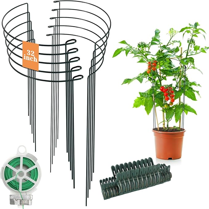32 inch Plant Support Stakes, 10 Pack Half Round Metal Garden Plant Stake Heavy-Duty Plant Support Ring and Cage with Plant Clip & Twist Tie for Indoor and Outdoor Plants, Vegetable, Flowers