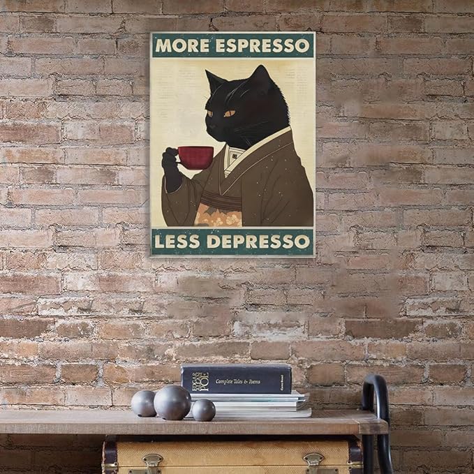 Black Cat Coffee Canvas Framed Wall Art Print, Funny Animal Picture Painting, 11.5x15 inches, Wall decor for Living Room, Bedroom, Bathroom