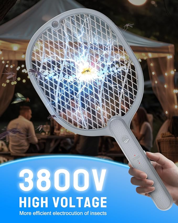 Electric Fly Swatter, 3800V Handheld Bug Zapper Racket, Type-C Rechargeable, Mosquito Zapper for Indoor Outdoor, 3-Layer Safety Mesh, Easy to Use, Lightweight (Basic 2 Pack)