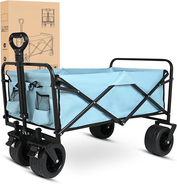 Yesker Foldable Wagon - 300lbs Collapsible Garden Carts with All Terrain Wheels for Outdoor Camping Sports Shopping Gardening - Heavy Duty Portable Utility Trolley (Blue)
