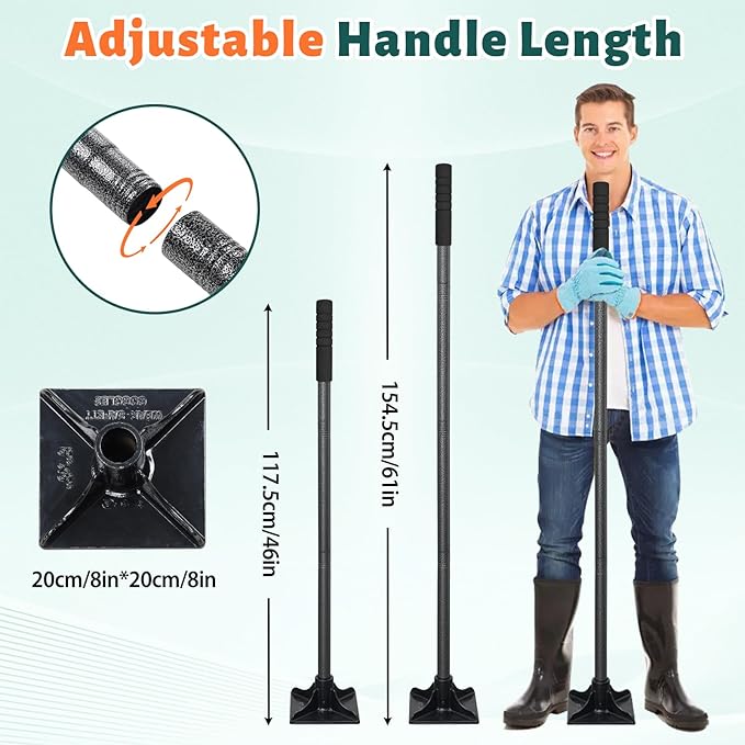 Tamper Tool Heavy Duty 8"x8" Steel Tamper with Adjustable 61 inch Handle Laborsaving Garden Tamper Landscaping Tools for Leveling Soil, Patching, Grading, Paving Stone, Compacting Asphalt