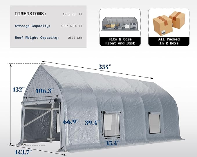 AMERLIFE 12 x 30 FT Walnut-Shaped Outdoor Carport, Heavy Duty Enclosed Carport, UV & Snow Resistant, Roll-Up Doors & Mesh Windows, for Trucks, Boats, Farm Equipment, Events, Silver Gray