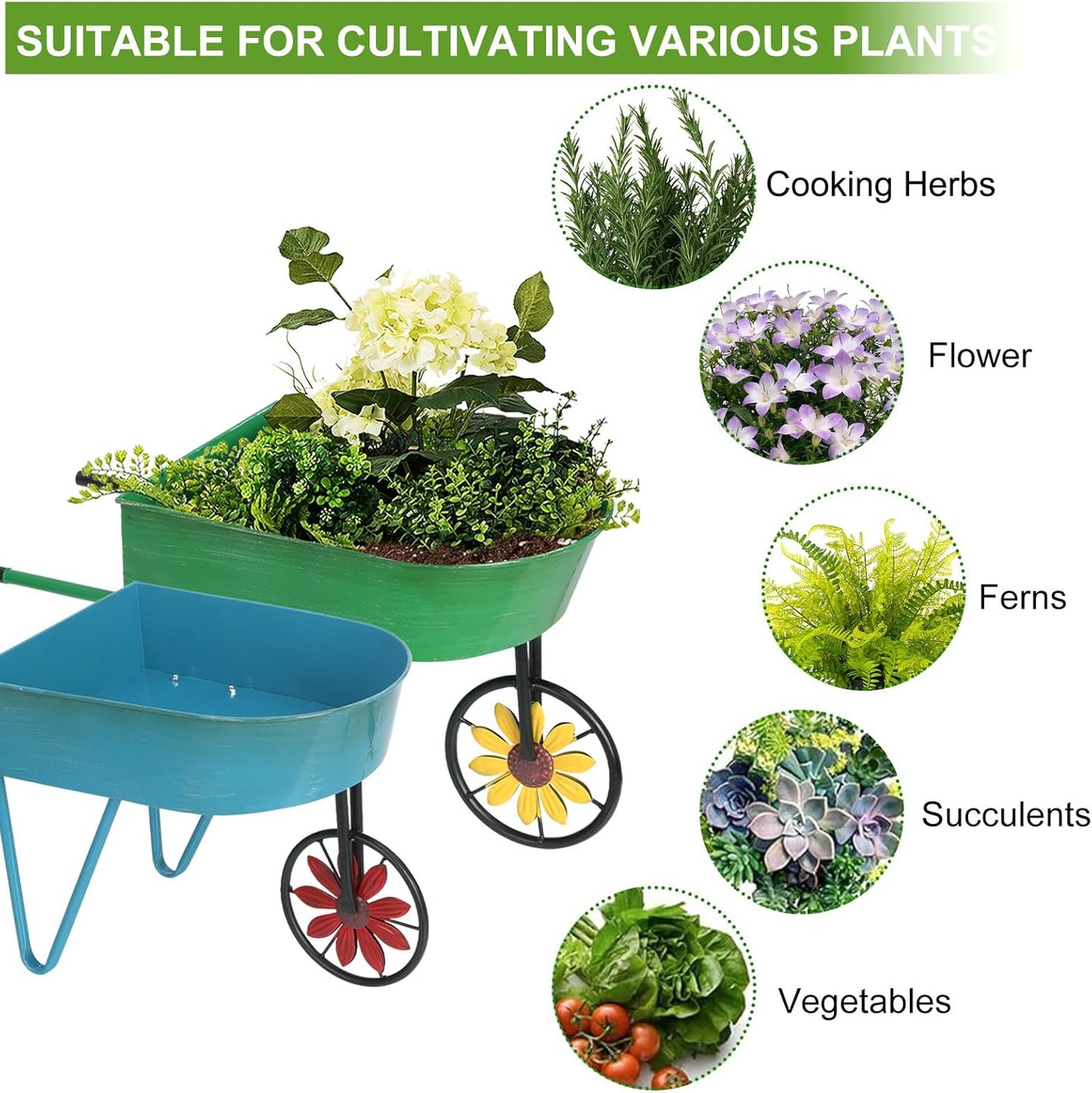 BAYN Metal Wheelbarrow Flower Cart Planter, 2 Packs Plant Stands with Triangular Support Handles Non-Rolling Wheel Vintage Wagon Planter Pots for Home Patio Garden Backyard Rustic Outdoor Decor