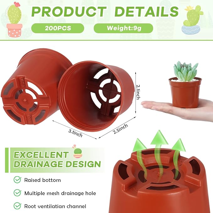 Yaomiao 200 Pcs 3 Inch Red Mini Plastic Plant Pot Nursery Seedling Pots Seed Starter with Drainage Holes for Indoor Outdoor Garden Succulent Plants Cuttings Transplanting